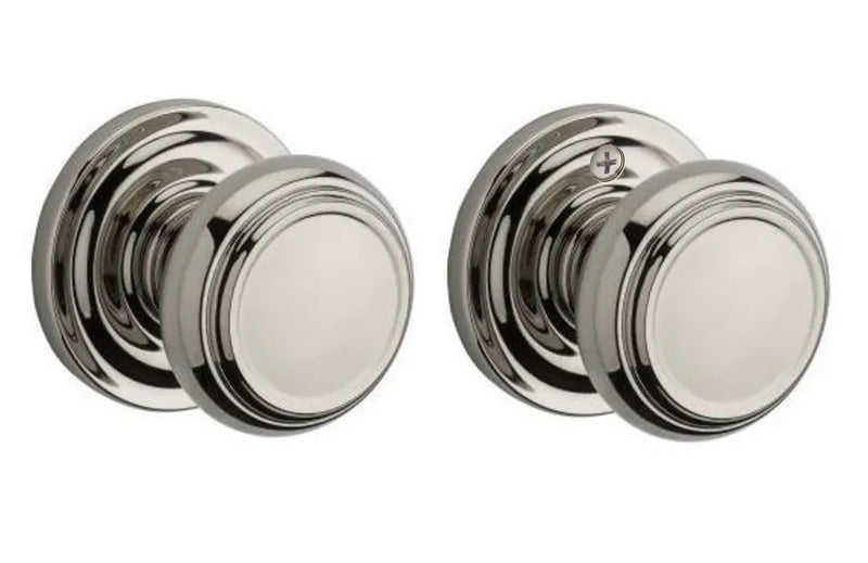 The Baldwin Reserve Traditional Knob with Traditional Round Rosette in Lifetime Polished Nickel finish.