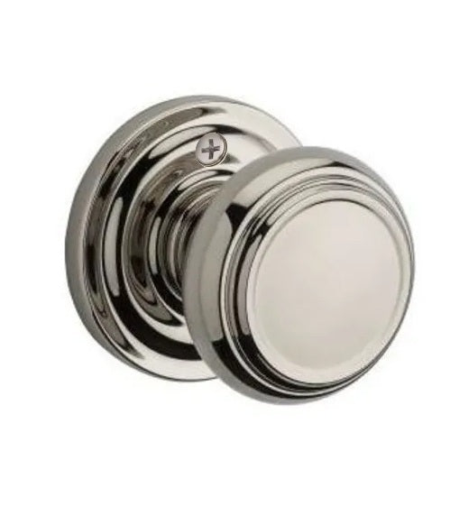 The Baldwin Reserve Traditional Knob with Traditional Round Rosette in Lifetime Polished Nickel finish.