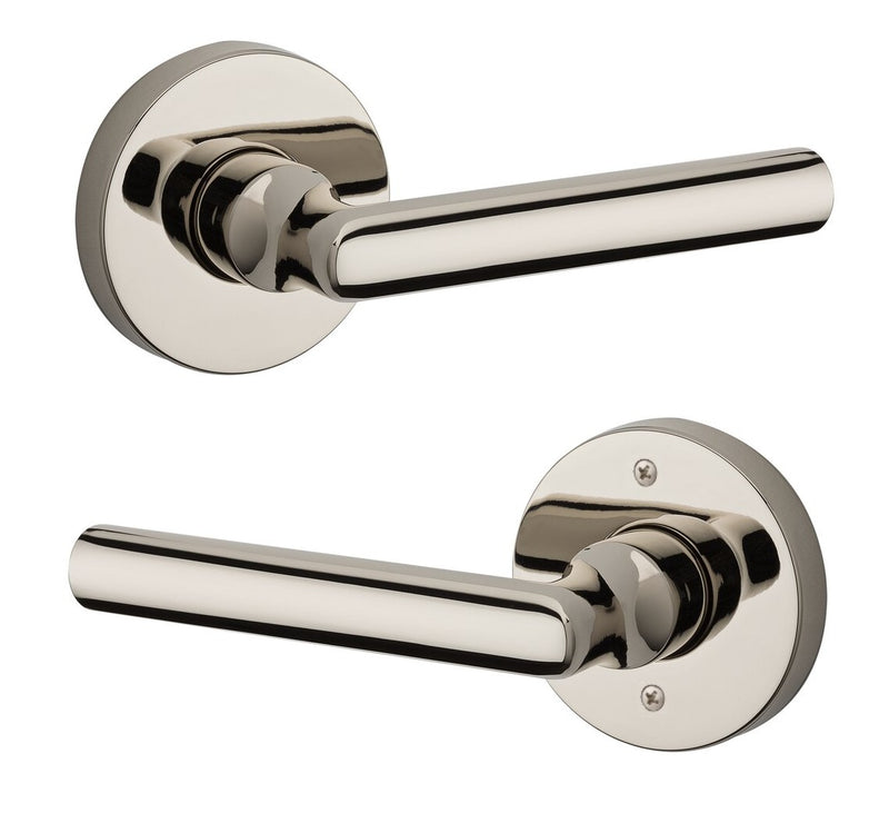 The Baldwin Reserve Tube Lever with Contemporary Round Rosette in Lifetime Polished Nickel finish.