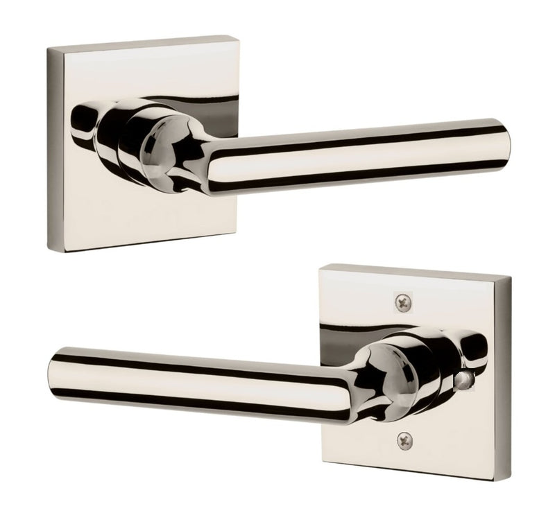The Baldwin Reserve Tube Lever with Contemporary Square Rosette in Lifetime Polished Nickel finish.