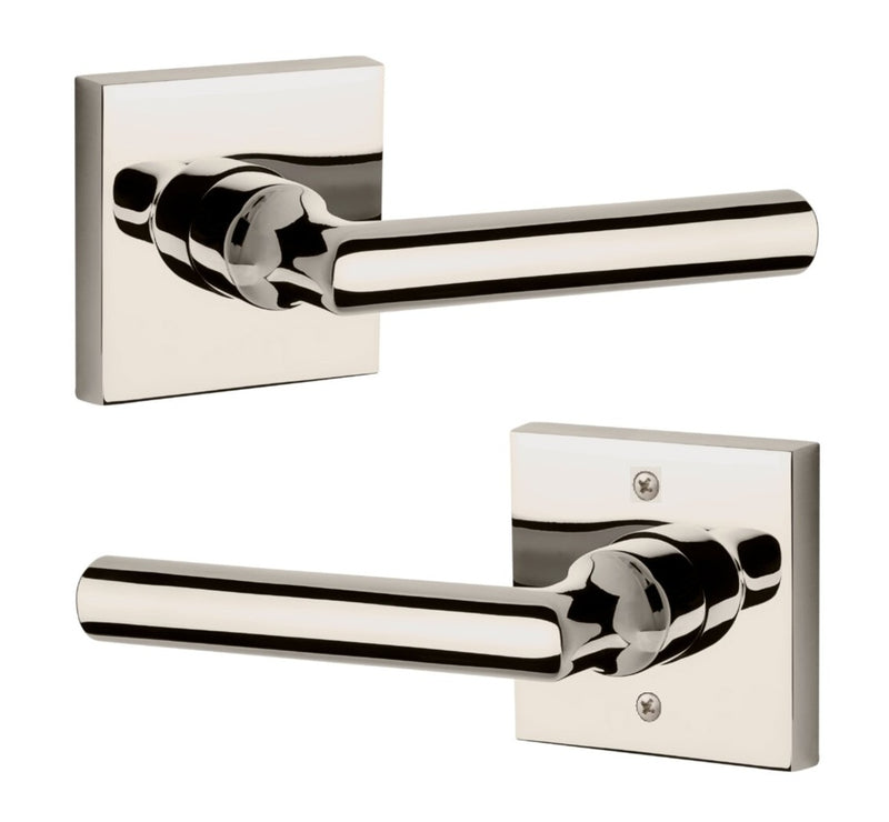 The Baldwin Reserve Tube Lever with Contemporary Square Rosette in Lifetime Polished Nickel finish.