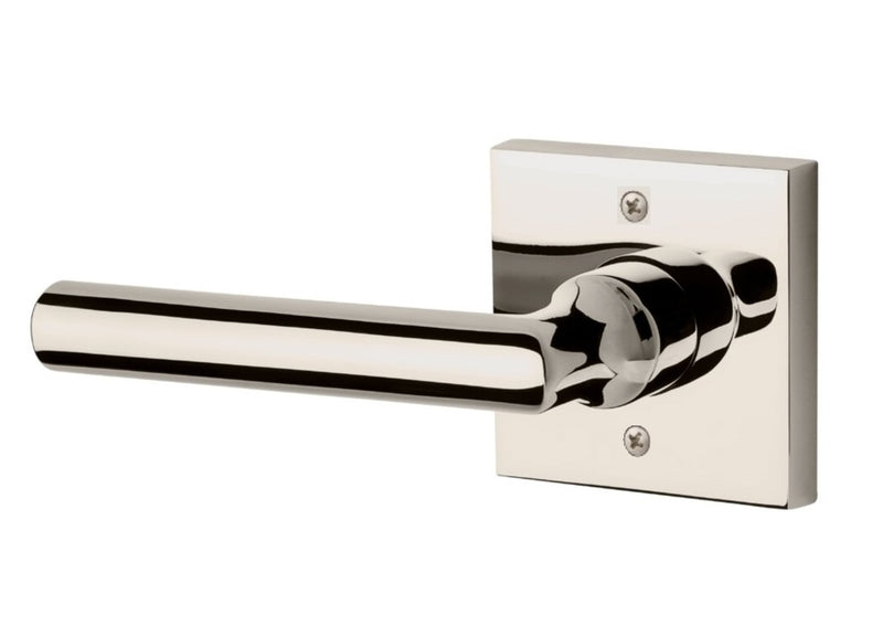 The Baldwin Reserve Tube Lever with Contemporary Square Rosette in Lifetime Polished Nickel finish.