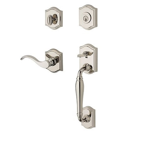 The Baldwin Reserve Westcliff Handleset with Interior Curve Lever with Traditional Arch Rosette in Lifetime Polished Nickel finish.