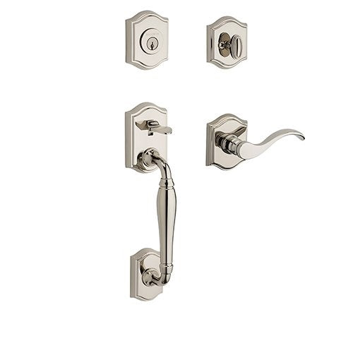 The Baldwin Reserve Westcliff Handleset with Interior Curve Lever with Traditional Arch Rosette in Lifetime Polished Nickel finish.