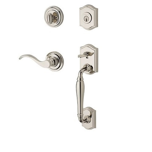 The Baldwin Reserve Westcliff Handleset with Interior Curve Lever with Traditional Round Rosette in Lifetime Polished Nickel finish.