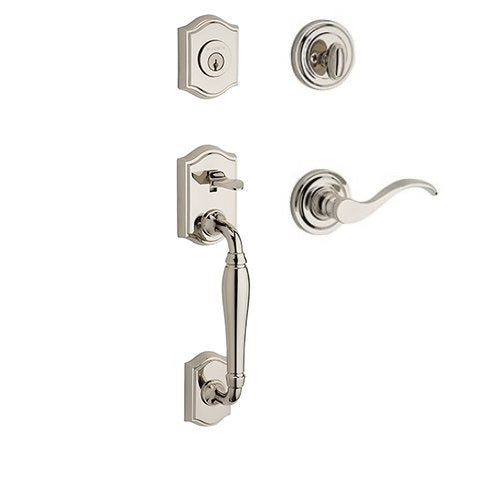 The Baldwin Reserve Westcliff Handleset with Interior Curve Lever with Traditional Round Rosette in Lifetime Polished Nickel finish.