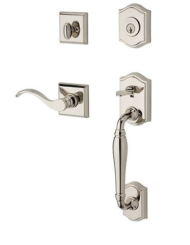 The Baldwin Reserve Westcliff Handleset with Interior Curve Lever with Traditional Square Rosette in Lifetime Polished Nickel finish.