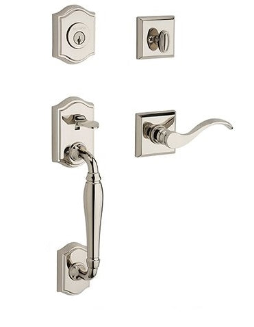 The Baldwin Reserve Westcliff Handleset with Interior Curve Lever with Traditional Square Rosette in Lifetime Polished Nickel finish.