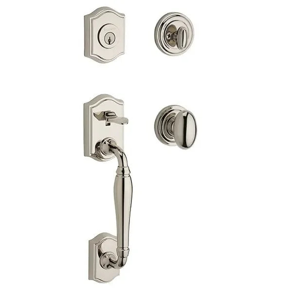 The Baldwin Reserve Westcliff Handleset with Interior Ellipse Knob with Traditional Round Rosette in Lifetime Polished Nickel finish.