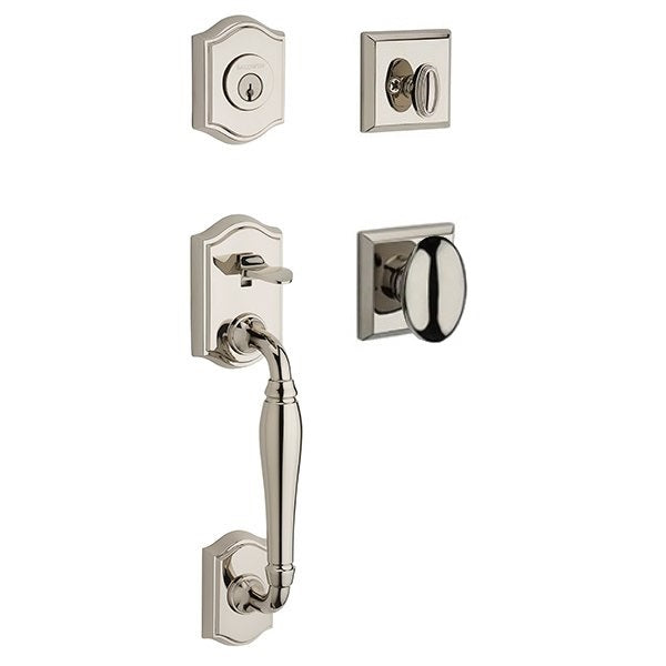 The Baldwin Reserve Westcliff Handleset with Interior Ellipse Knob with Traditional Square Rosette in Lifetime Polished Nickel finish.