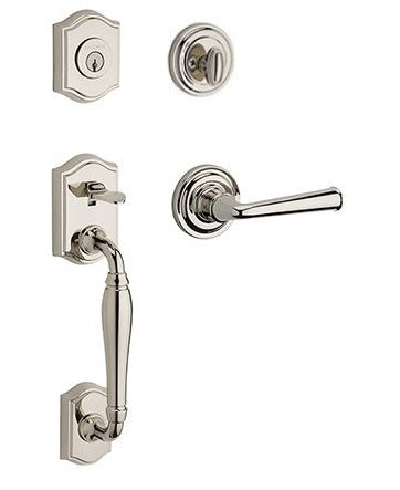 The Baldwin Reserve Westcliff Handleset with Interior Federal Lever with Traditional Round Rosette in Lifetime Polished Nickel finish.