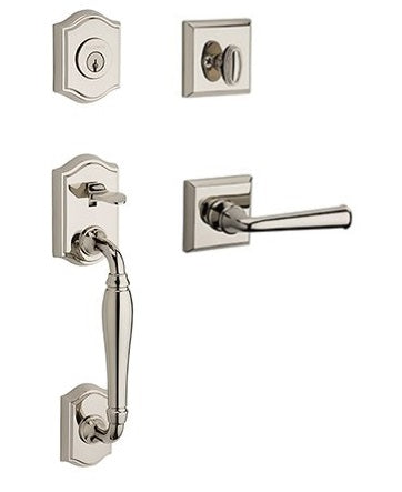 The Baldwin Reserve Westcliff Handleset with Interior Federal Lever with Traditional Square Rosette in Lifetime Polished Nickel finish.