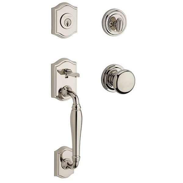 The Baldwin Reserve Westcliff Handleset with Interior Round Knob with Traditional Round Rosette in Lifetime Polished Nickel finish.