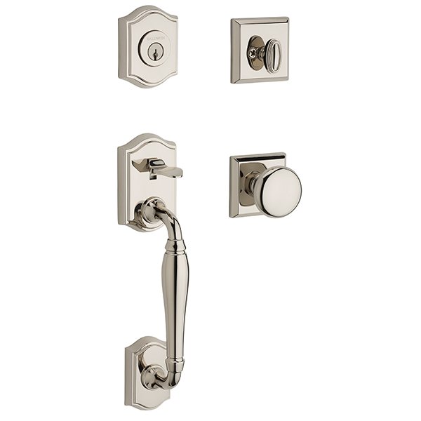 The Baldwin Reserve Westcliff Handleset with Interior Round Knob with Traditional Square Rosette in Lifetime Polished Nickel finish.