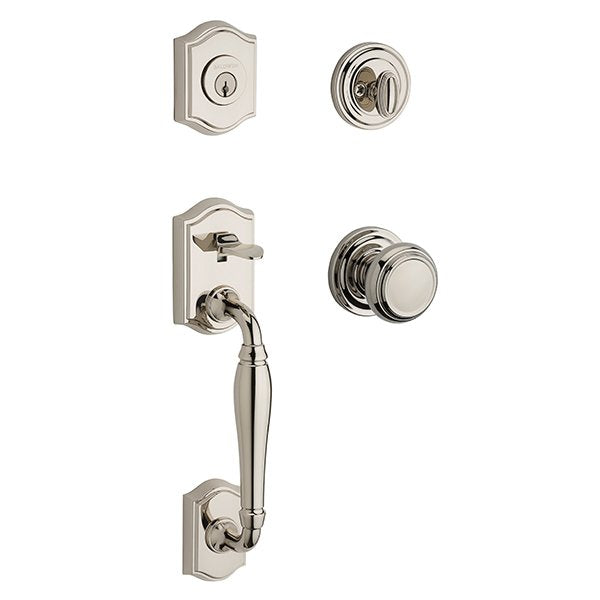 The Baldwin Reserve Westcliff Handleset with Interior Traditional Knob with Traditional Round Rosette in Lifetime Polished Nickel finish.