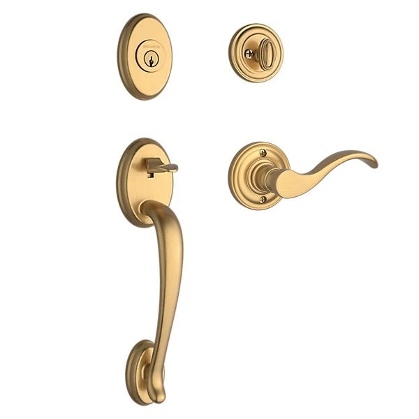 The Baldwin Reserve Columbus Handleset with Interior Curve Lever with Traditional Round Rosette in Lifetime Satin Brass finish.