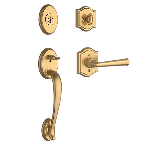 The Baldwin Reserve Columbus Handleset with Interior Federal Lever with Traditional Arch Rosette in Lifetime Satin Brass finish.