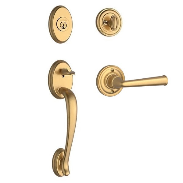 The Baldwin Reserve Columbus Handleset with Interior Federal Lever with Traditional Round Rosette in Lifetime Satin Brass finish.