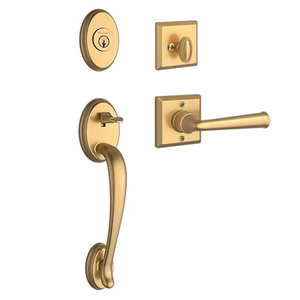 The Baldwin Reserve Columbus Handleset with Interior Federal Lever with Traditional Square Rosette in Lifetime Satin Brass finish.