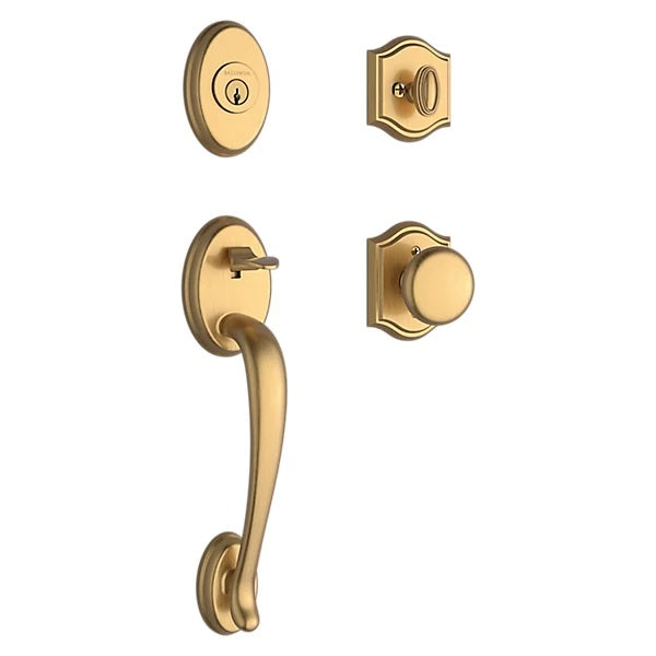 The Baldwin Reserve Columbus Handleset with Interior Round Knob with Traditional Arch Rosette in Lifetime Satin Brass finish.