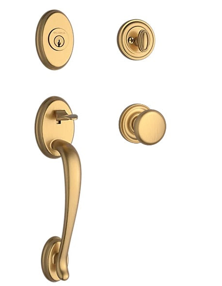 The Baldwin Reserve Columbus Handleset with Interior Round Knob with Traditional Round Rosette in Lifetime Satin Brass finish.