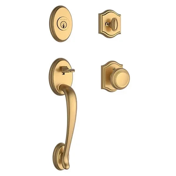 The Baldwin Reserve Columbus Handleset with Interior Traditional Knob with Traditional Arch Rosette in Lifetime Satin Brass finish.