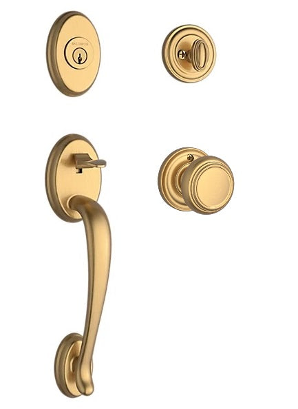 The Baldwin Reserve Columbus Handleset with Interior Traditional Knob with Traditional Round Rosette in Lifetime Satin Brass finish.