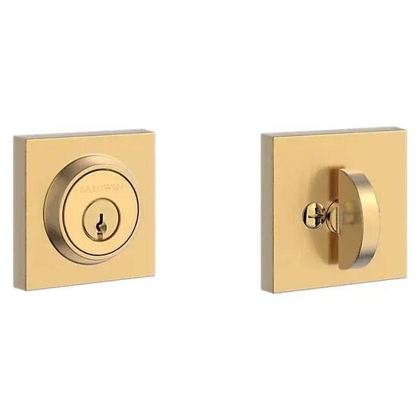 The Baldwin Reserve Contemporary Square Deadbolt in Lifetime Satin Brass finish.