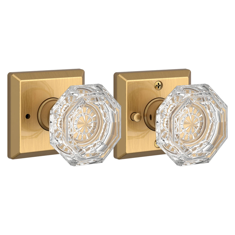 The Baldwin Reserve Crystal Knob with Traditional Square Rosette in Lifetime Satin Brass finish.