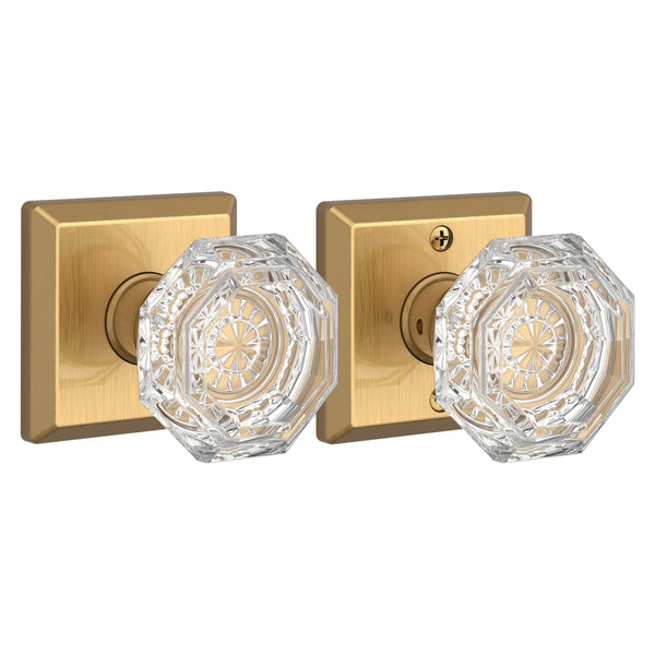 The Baldwin Reserve Crystal Knob with Traditional Square Rosette in Lifetime Satin Brass finish.