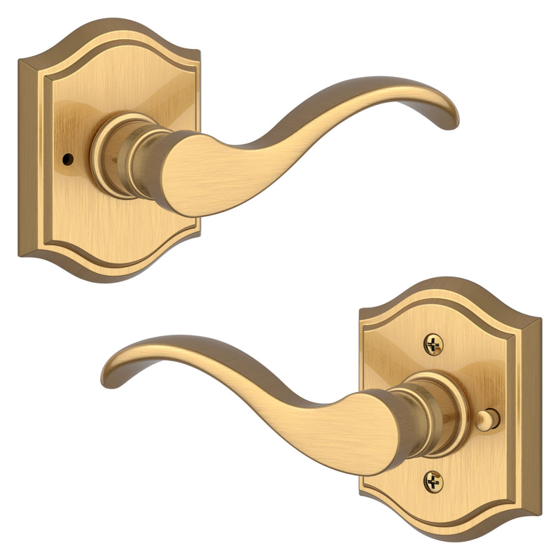 The Baldwin Reserve Curve Lever with Traditional Arch Rosette in Lifetime Satin Brass finish.