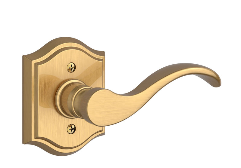 The Baldwin Reserve Curve Lever with Traditional Arch Rosette in Lifetime Satin Brass finish.