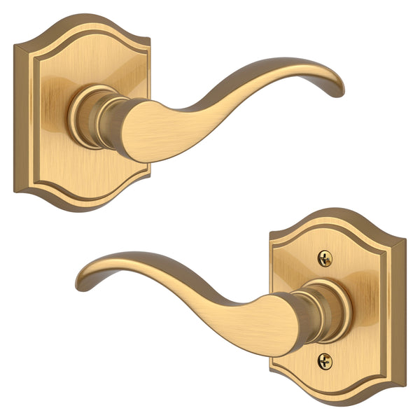The Baldwin Reserve Curve Lever with Traditional Arch Rosette in Lifetime Satin Brass finish.