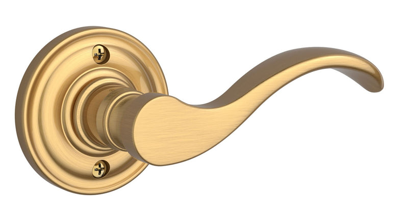 The Baldwin Reserve Curve Lever with Traditional Round Rosette in Lifetime Satin Brass finish.