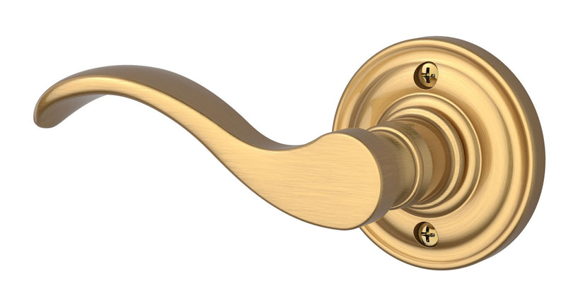 The Baldwin Reserve Curve Lever with Traditional Round Rosette in Lifetime Satin Brass finish.