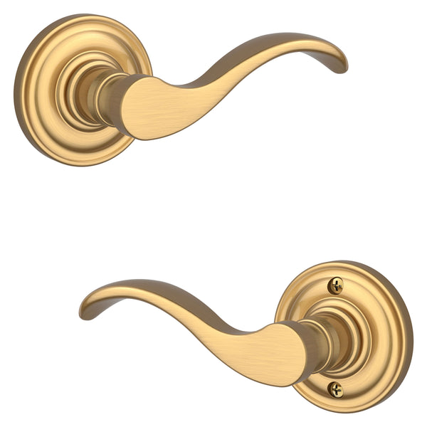 The Baldwin Reserve Curve Lever with Traditional Round Rosette in Lifetime Satin Brass finish.