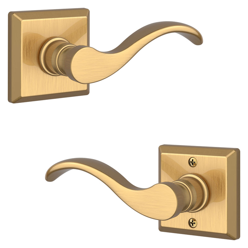 The Baldwin Reserve Curve Lever with Traditional Square Rosette in Lifetime Satin Brass finish.