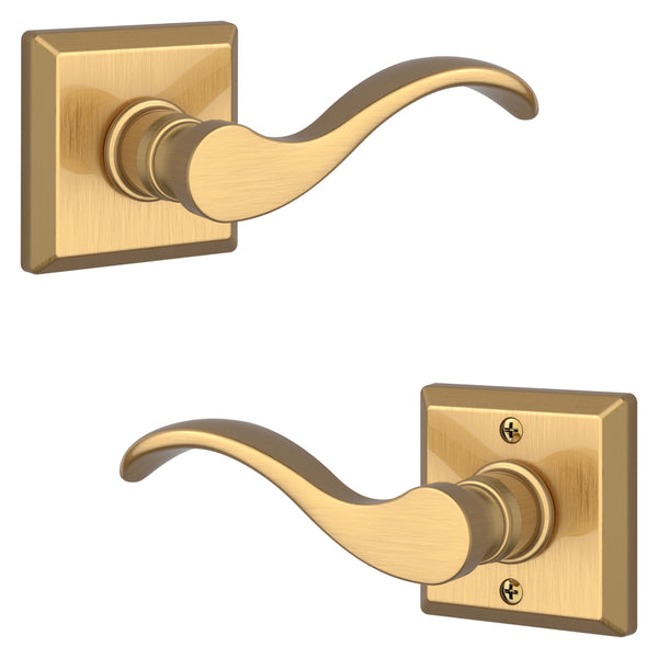 The Baldwin Reserve Curve Lever with Traditional Square Rosette in Lifetime Satin Brass finish.