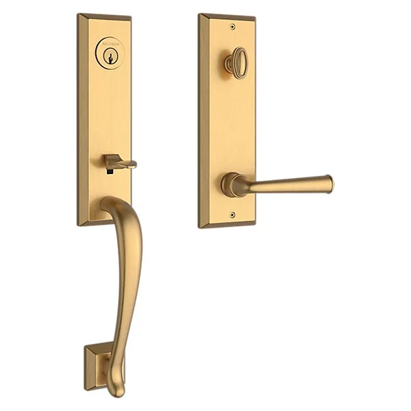 The Baldwin Reserve Del Mar Handleset with Interior Federal Lever with Square Bevel Rosette in Lifetime Satin Brass finish.