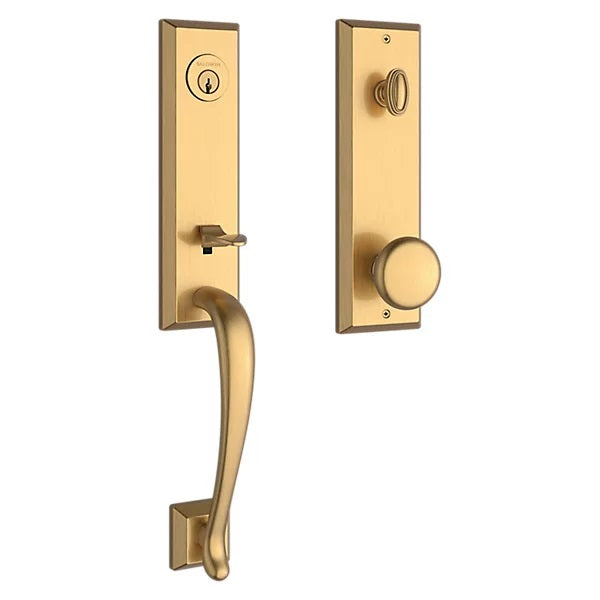 The Baldwin Reserve Del Mar Handleset with Interior Round Knob with Square Bevel Rosette in Lifetime Satin Brass finish.