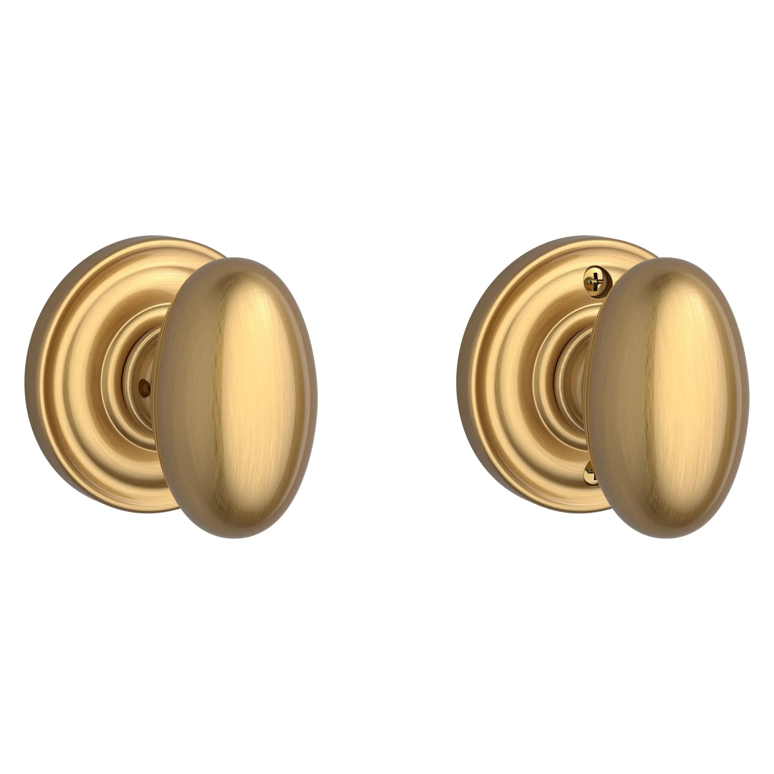 The Baldwin Reserve Ellipse Knob with Traditional Round Rosette in Lifetime Satin Brass finish.