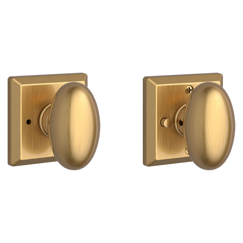 The Baldwin Reserve Ellipse Knob with Traditional Square Rosette in Lifetime Satin Brass finish.