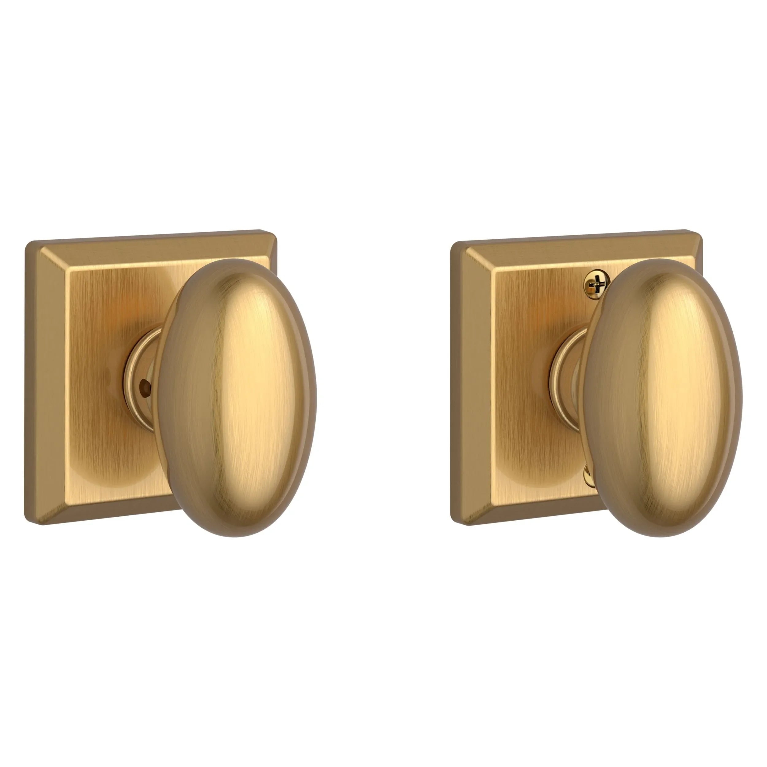 The Baldwin Reserve Ellipse Knob with Traditional Square Rosette in Lifetime Satin Brass finish.