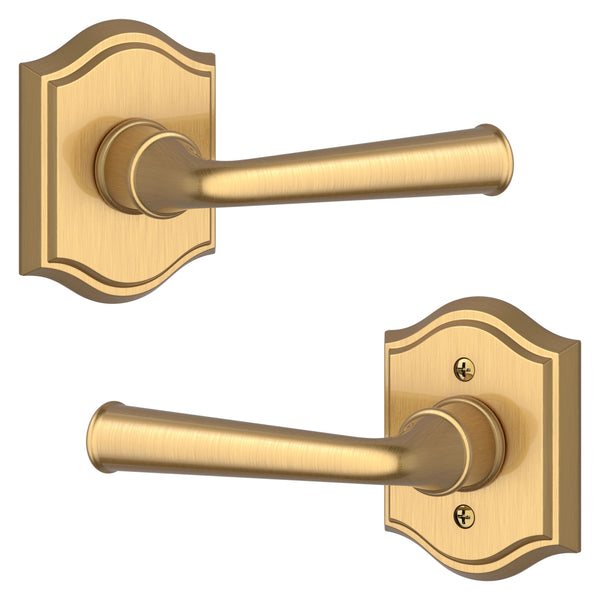 The Baldwin Reserve Federal Lever with Traditional Arch Rosette in Lifetime Satin Brass finish.