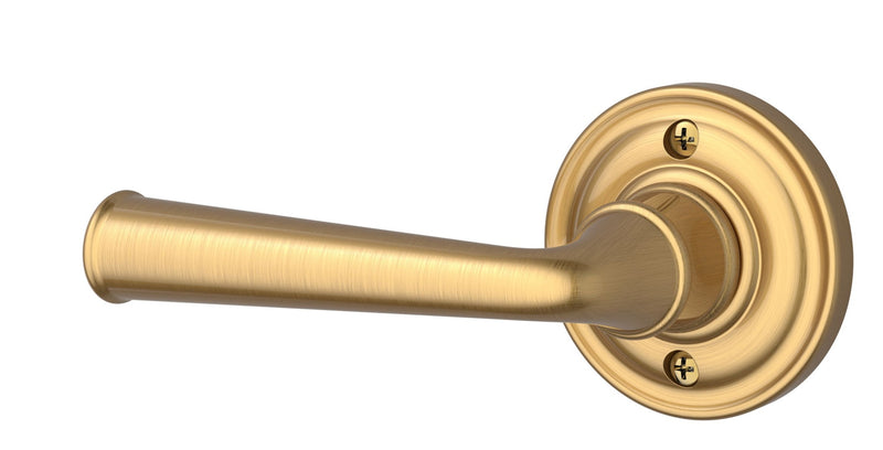 The Baldwin Reserve Federal Lever with Traditional Round Rosette in Lifetime Satin Brass finish.