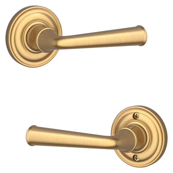 The Baldwin Reserve Federal Lever with Traditional Round Rosette in Lifetime Satin Brass finish.