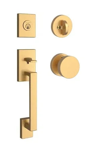 The Baldwin Reserve La Jolla Handleset with Interior Contemporary Knob with Contemporary Round Rosette in Lifetime Satin Brass finish.