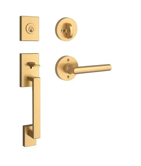 The Baldwin Reserve La Jolla Handleset with Interior Tube Lever with Contemporary Round Rosette in Lifetime Satin Brass finish.