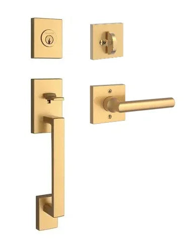 The Baldwin Reserve La Jolla Handleset with Interior Tube Lever with Contemporary Square Rosette in Lifetime Satin Brass finish.