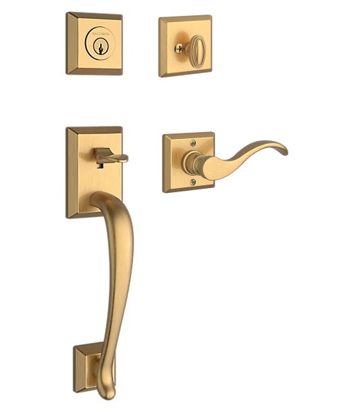 The Baldwin Reserve Napa Handleset with Interior Curve Lever with Traditional Square Rosette in Lifetime Satin Brass finish.